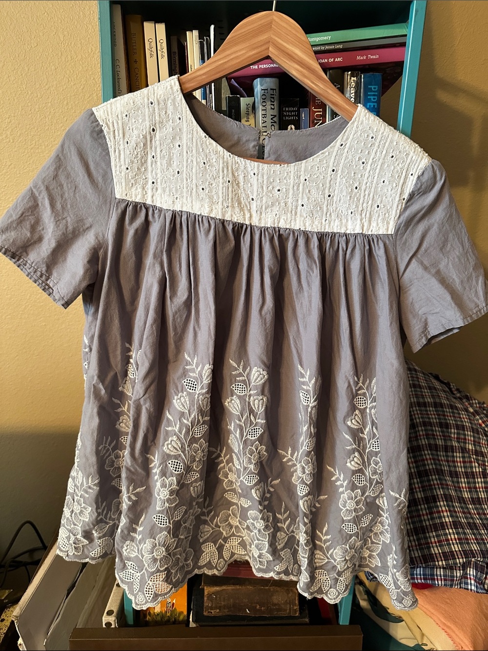 Embroidered Peasant Blouse with Eyelet Yoke - Dusty Lavender & White